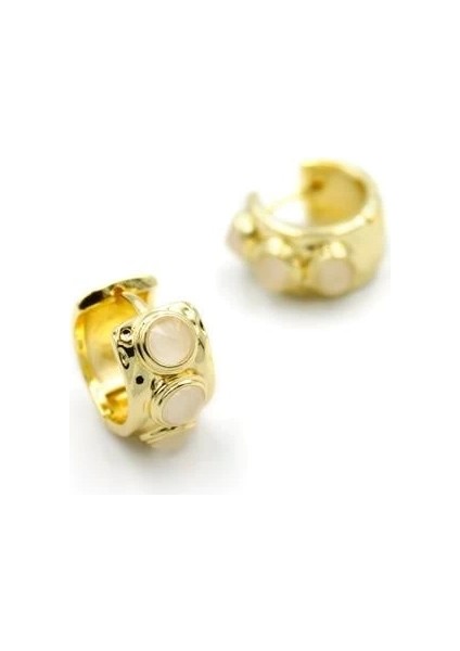 Taşlı Halka Küpe - Krem