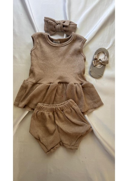 Bej Ribana Kız Bebek-Çocuk Şort Bluz Bandana Babet Çorap Set Hediyelik fiyatları