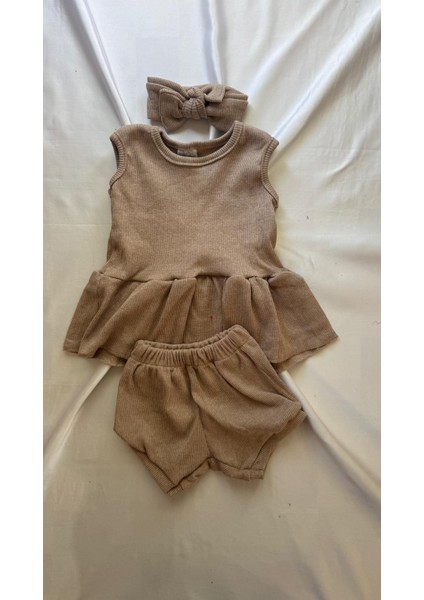 Bej Ribana Kız Bebek-Çocuk Şort Bluz Bandana Babet Çorap Set Hediyelik modelleri