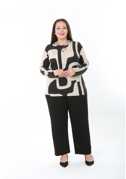 Kadın Desenli Likralı Yünlü Viskon Bluz