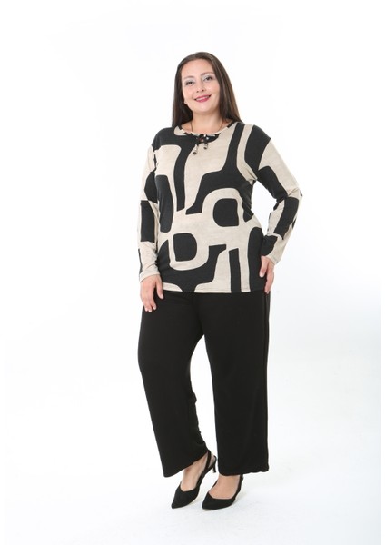 Kadın Desenli Likralı Yünlü Viskon Bluz