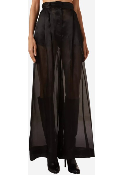 Organza Sheer Geniş Paça Pantolon, Siyah