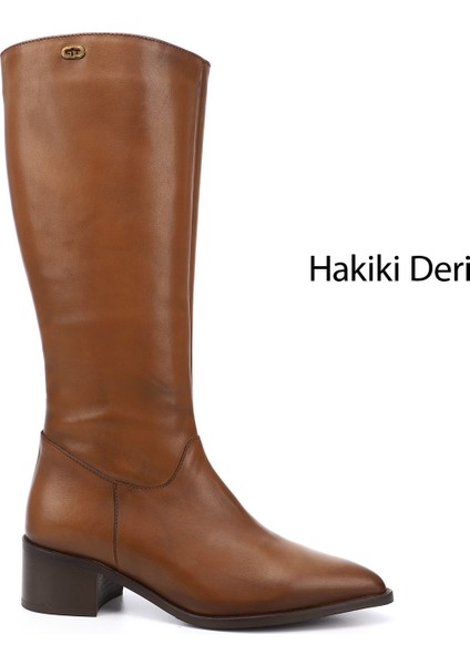 Kadın Taba Sivri Burun Kalın Topuklu Hakiki Deri Çizme