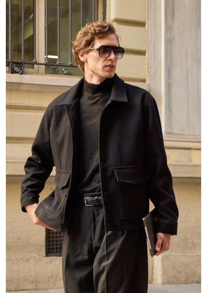 Erkek Gömlek Yaka Düğmeli Kaşe Mont Ceket Siyah