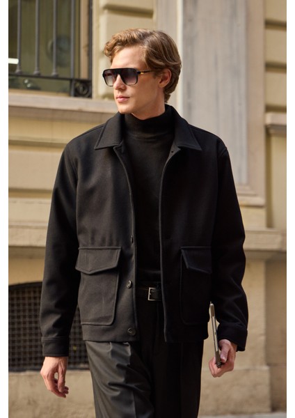 Erkek Gömlek Yaka Düğmeli Kaşe Mont Ceket Siyah fiyatları