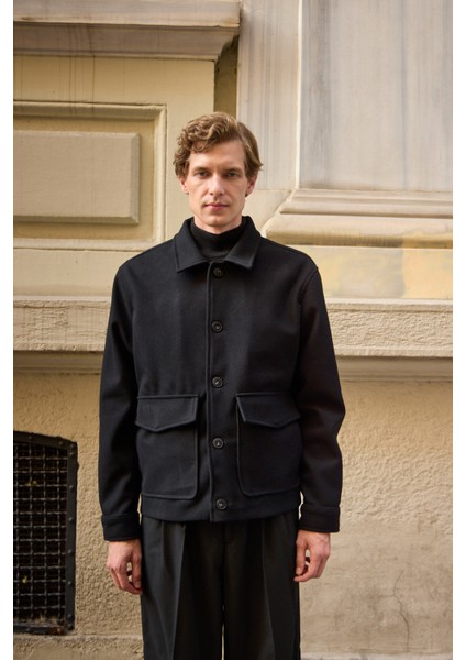 Erkek Gömlek Yaka Düğmeli Kaşe Mont Ceket Siyah fırsatları