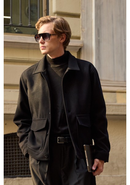 Erkek Gömlek Yaka Düğmeli Kaşe Mont Ceket Siyah indirimleri