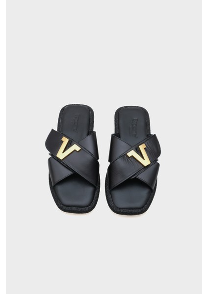 Kata Hakiki Deri Çapraz Bantlı V Tokalı Düz Topuklu Konfor Kadın Terlik