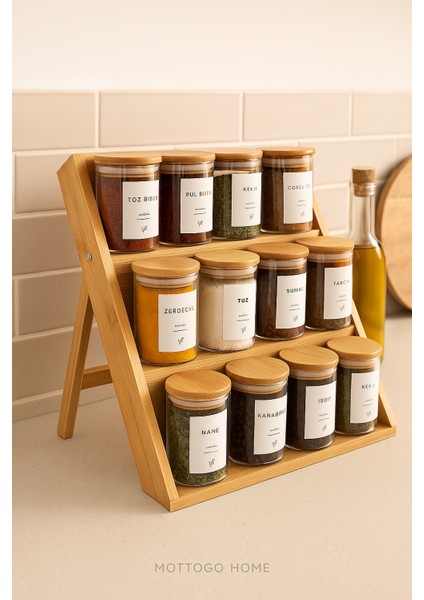 12’li Vakumlu Baharatlık Seti 200 ml – Çekmece Içi & Tezgâh Üstü – Bambu 3 Katlı Merdiven Standlı
