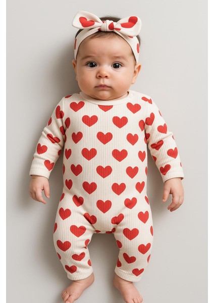 Kız Bebek Big Heart Pattern Bandanalı Patiksiz Çıt’lı Tulum Set