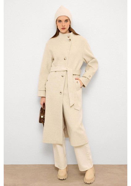 Dik Yaka Oversize Uzun Kaban Bej Melanj 3124