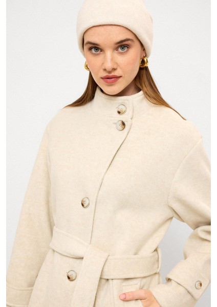 Dik Yaka Oversize Uzun Kaban Bej Melanj 3124 fiyatları