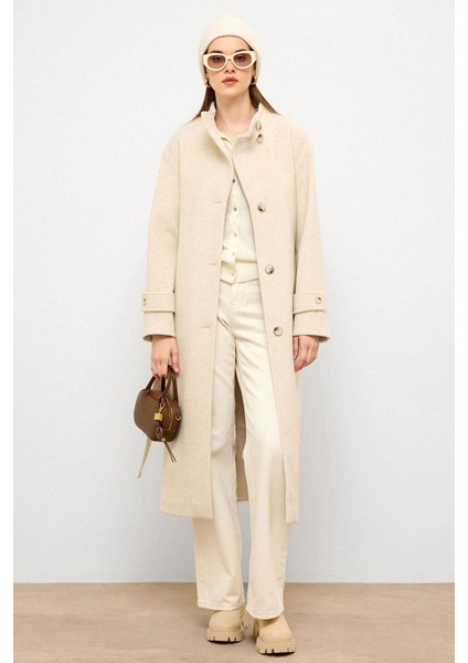 Dik Yaka Oversize Uzun Kaban Bej Melanj 3124 fırsatları