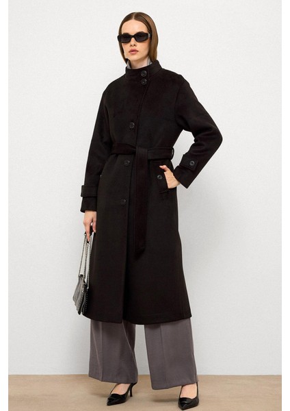 Dik Yaka Oversize Uzun Kaban Siyah 3124