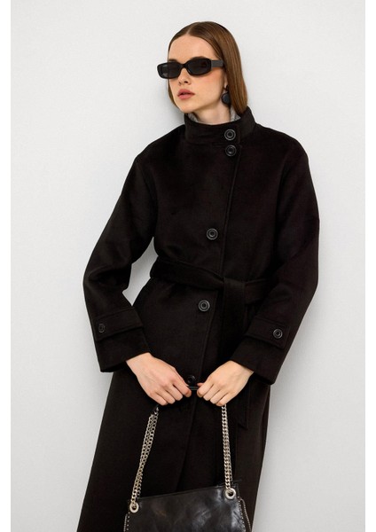 Dik Yaka Oversize Uzun Kaban Siyah 3124 modelleri