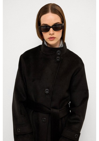 Dik Yaka Oversize Uzun Kaban Siyah 3124 indirimleri