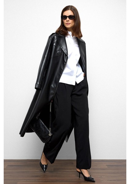 Düşük Kol Fermuar Kapamalı Oversize Deri Trençkot Siyah 6759