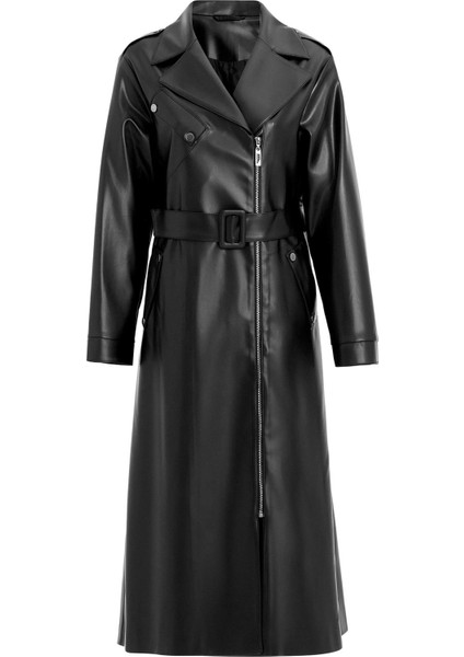 Düşük Kol Fermuar Kapamalı Oversize Deri Trençkot Siyah 6759 fiyatları