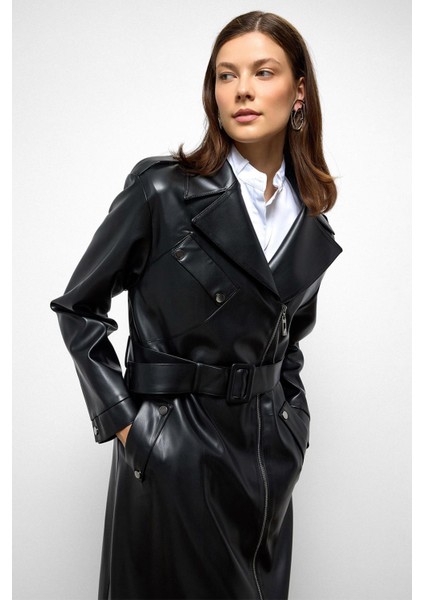 Düşük Kol Fermuar Kapamalı Oversize Deri Trençkot Siyah 6759 modelleri