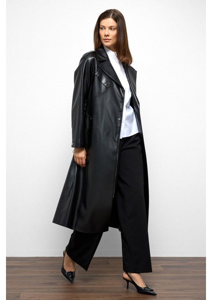 Düşük Kol Fermuar Kapamalı Oversize Deri Trençkot Siyah 6759 indirimleri