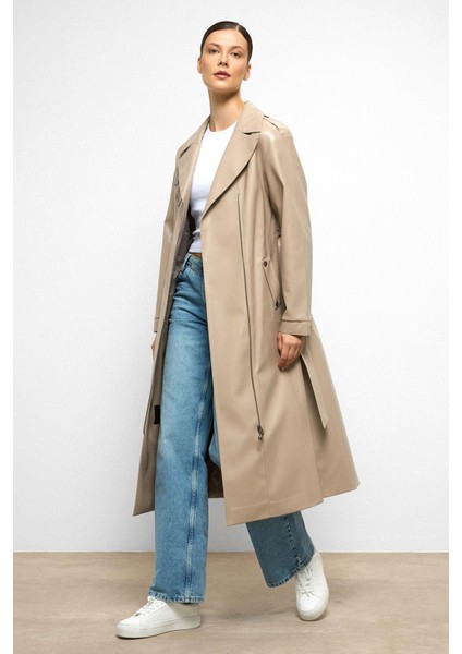 Düşük Kol Fermuar Kapamalı Oversize Deri Trençkot Taş 6759