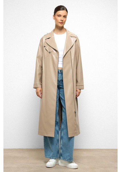 Düşük Kol Fermuar Kapamalı Oversize Deri Trençkot Taş 6759 fiyatları