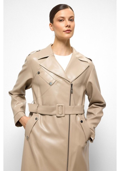 Düşük Kol Fermuar Kapamalı Oversize Deri Trençkot Taş 6759 modelleri