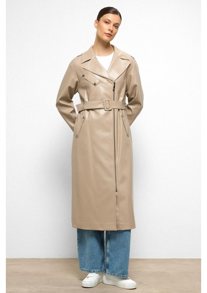 Düşük Kol Fermuar Kapamalı Oversize Deri Trençkot Taş 6759 fırsatları