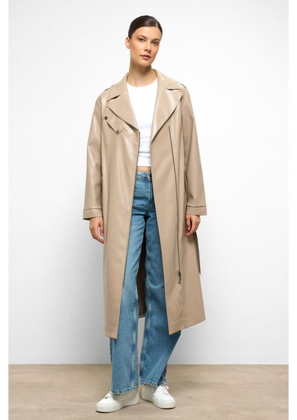 Düşük Kol Fermuar Kapamalı Oversize Deri Trençkot Taş 6759 indirimleri