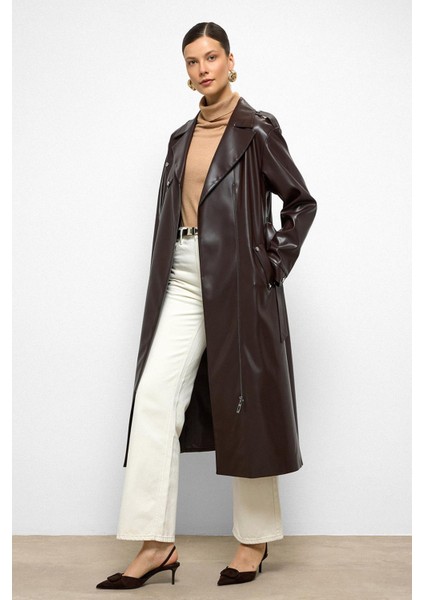 Düşük Kol Fermuar Kapamalı Oversize Deri Trençkot K. Kahve 6759