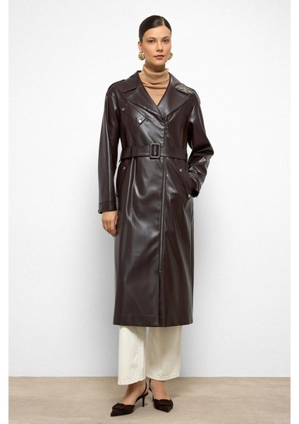 Düşük Kol Fermuar Kapamalı Oversize Deri Trençkot K. Kahve 6759 fiyatları