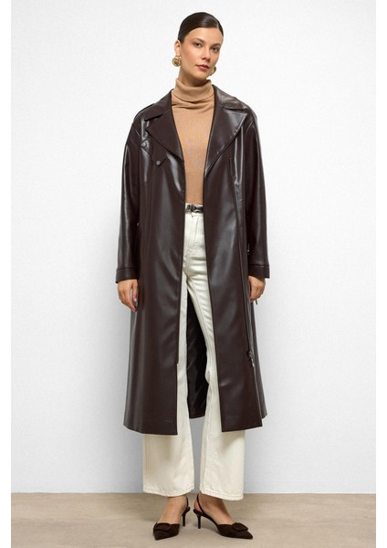 Düşük Kol Fermuar Kapamalı Oversize Deri Trençkot K. Kahve 6759 modelleri