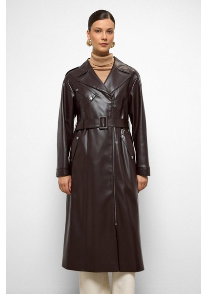 Düşük Kol Fermuar Kapamalı Oversize Deri Trençkot K. Kahve 6759 fırsatları