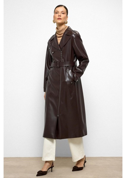 Düşük Kol Fermuar Kapamalı Oversize Deri Trençkot K. Kahve 6759 indirimleri