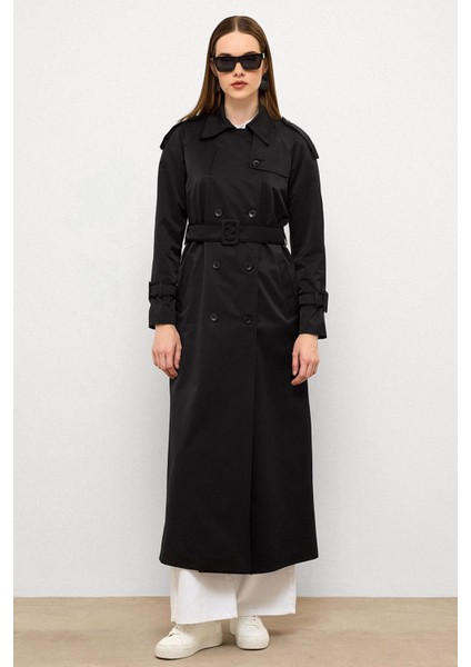 Grogren Detaylı Su Itici Özellikli Uzun Trençkot Siyah 6778