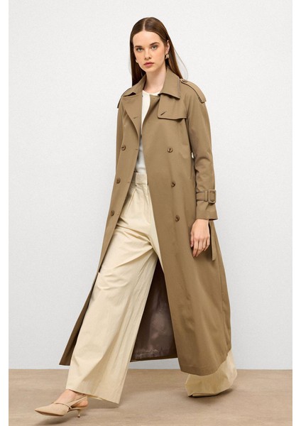 Grogren Detaylı Su Itici Özellikli Uzun Trençkot Vizon 6778