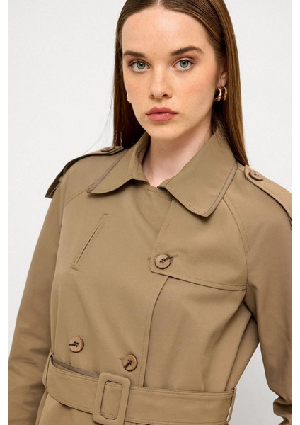 Grogren Detaylı Su Itici Özellikli Uzun Trençkot Vizon 6778 modelleri