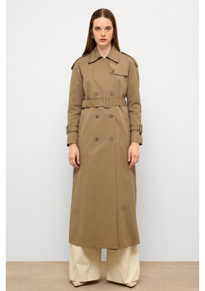 Grogren Detaylı Su Itici Özellikli Uzun Trençkot Vizon 6778 fırsatları