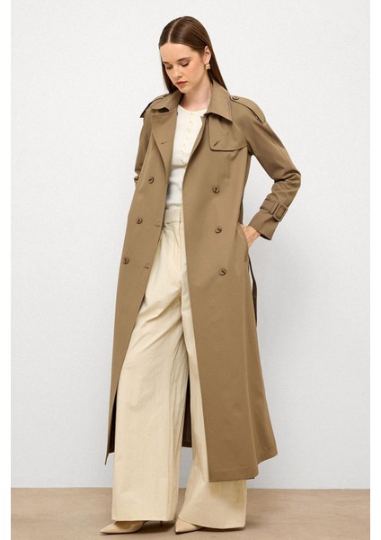 Grogren Detaylı Su Itici Özellikli Uzun Trençkot Vizon 6778 indirimleri