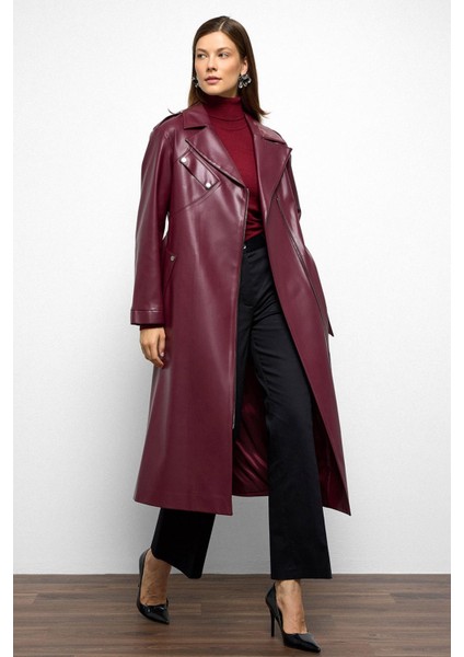 Düşük Kol Fermuar Kapamalı Oversize Deri Trençkot Bordo 6759