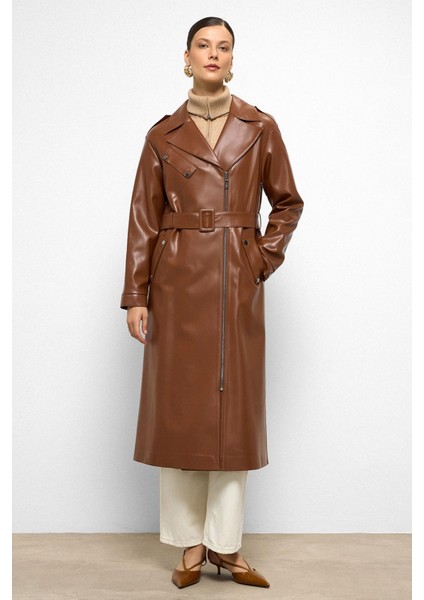 Düşük Kol Fermuar Kapamalı Oversize Deri Trençkot Taba 6759