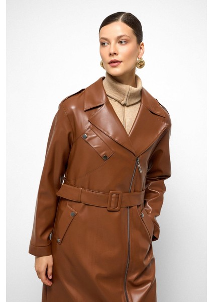 Düşük Kol Fermuar Kapamalı Oversize Deri Trençkot Taba 6759 fırsatları