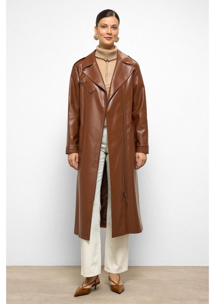 Düşük Kol Fermuar Kapamalı Oversize Deri Trençkot Taba 6759 indirimleri