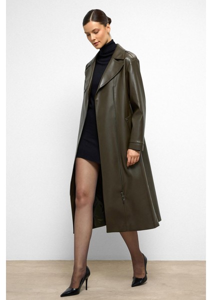 Düşük Kol Fermuar Kapamalı Oversize Deri Trençkot Haki 6759