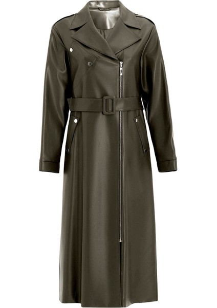 Düşük Kol Fermuar Kapamalı Oversize Deri Trençkot Haki 6759 fiyatları