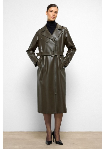 Düşük Kol Fermuar Kapamalı Oversize Deri Trençkot Haki 6759 modelleri