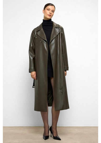 Düşük Kol Fermuar Kapamalı Oversize Deri Trençkot Haki 6759 fırsatları