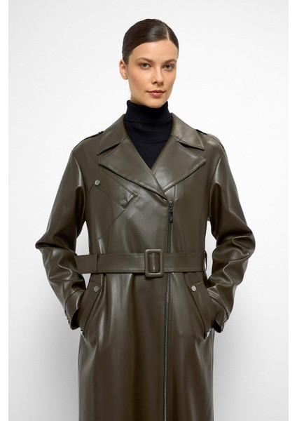 Düşük Kol Fermuar Kapamalı Oversize Deri Trençkot Haki 6759 indirimleri