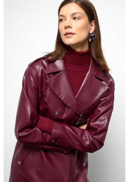 Düşük Kol Fermuar Kapamalı Oversize Deri Trençkot Bordo 6759 fiyatları