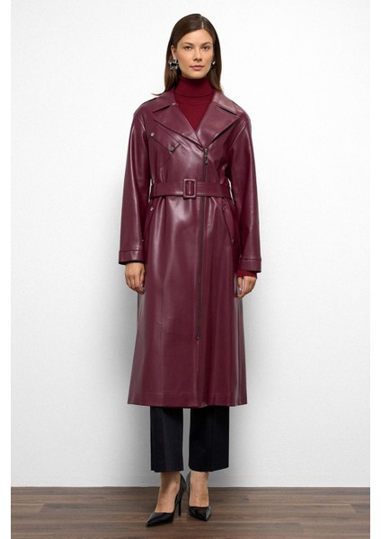 Düşük Kol Fermuar Kapamalı Oversize Deri Trençkot Bordo 6759 modelleri
